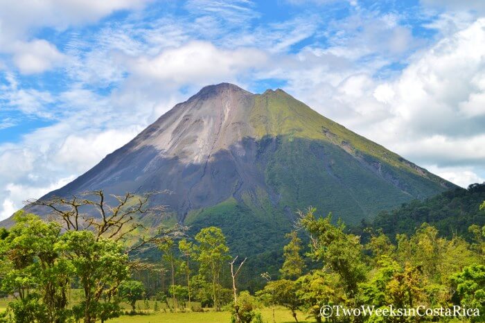 cone shaped volcano with trees in foreground