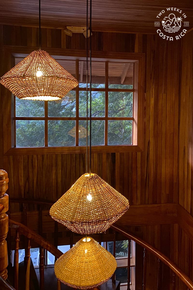 large natural lamps hanging in a stairwell at hotel belmar