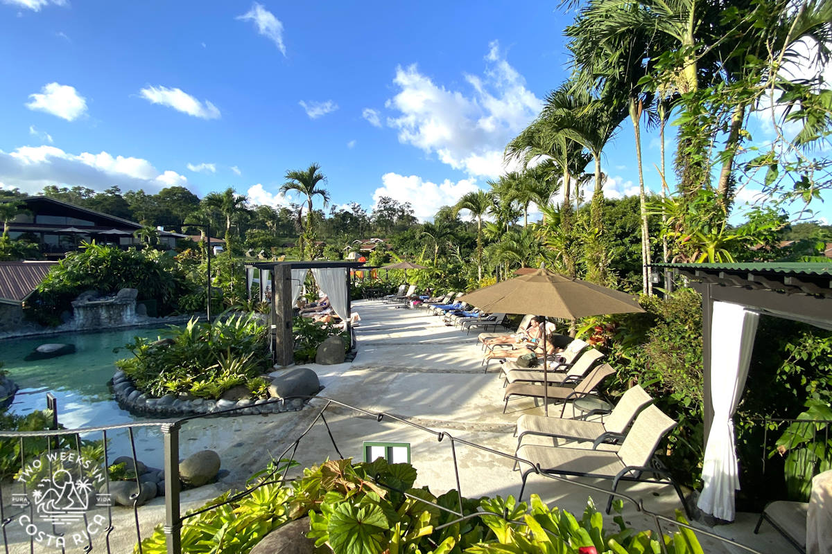 looking from above at a property with lounge chairs and pools with palm trees in the background