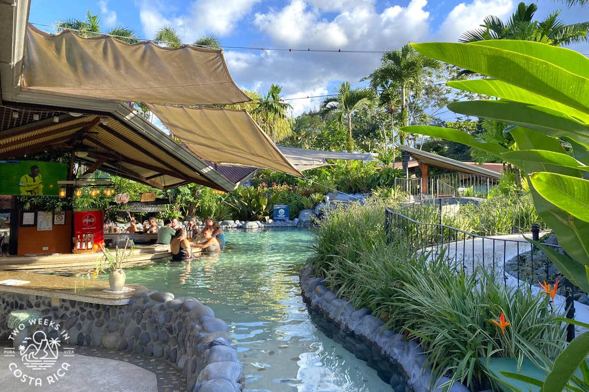 people sitting in a pool with gardens all around