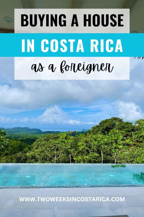 ocean view infinity pool with text overlay that reads buying a house in costa rica