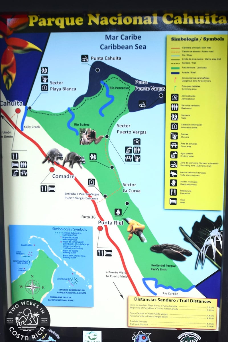 trail map with the words parque nacional cahuita