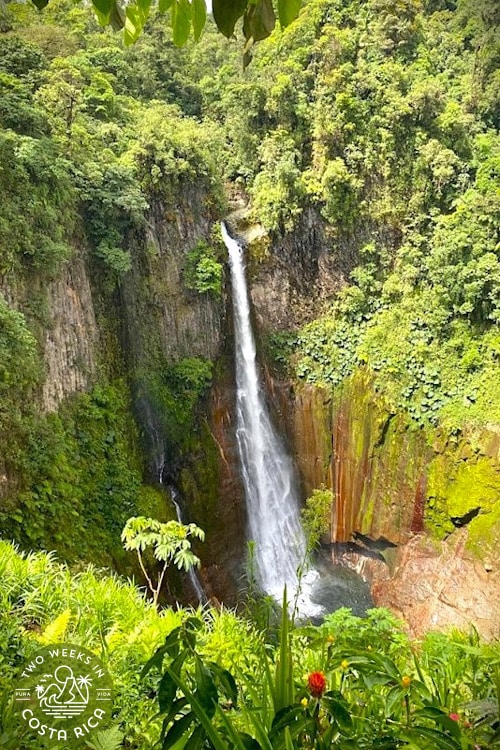 narrow tall waterfall flowing over a multicolored canyon wall