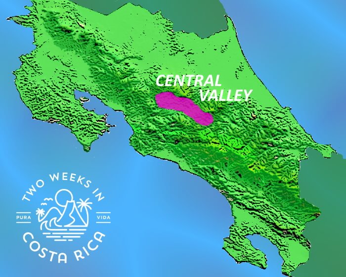 Map of Costa Rica with Central Valley highlighted in pink