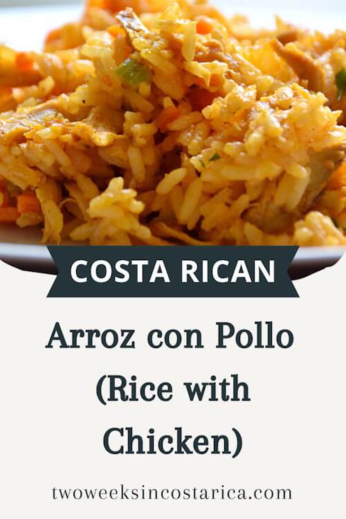 orange rice with text overlay that reads costa rican arroz con pollo