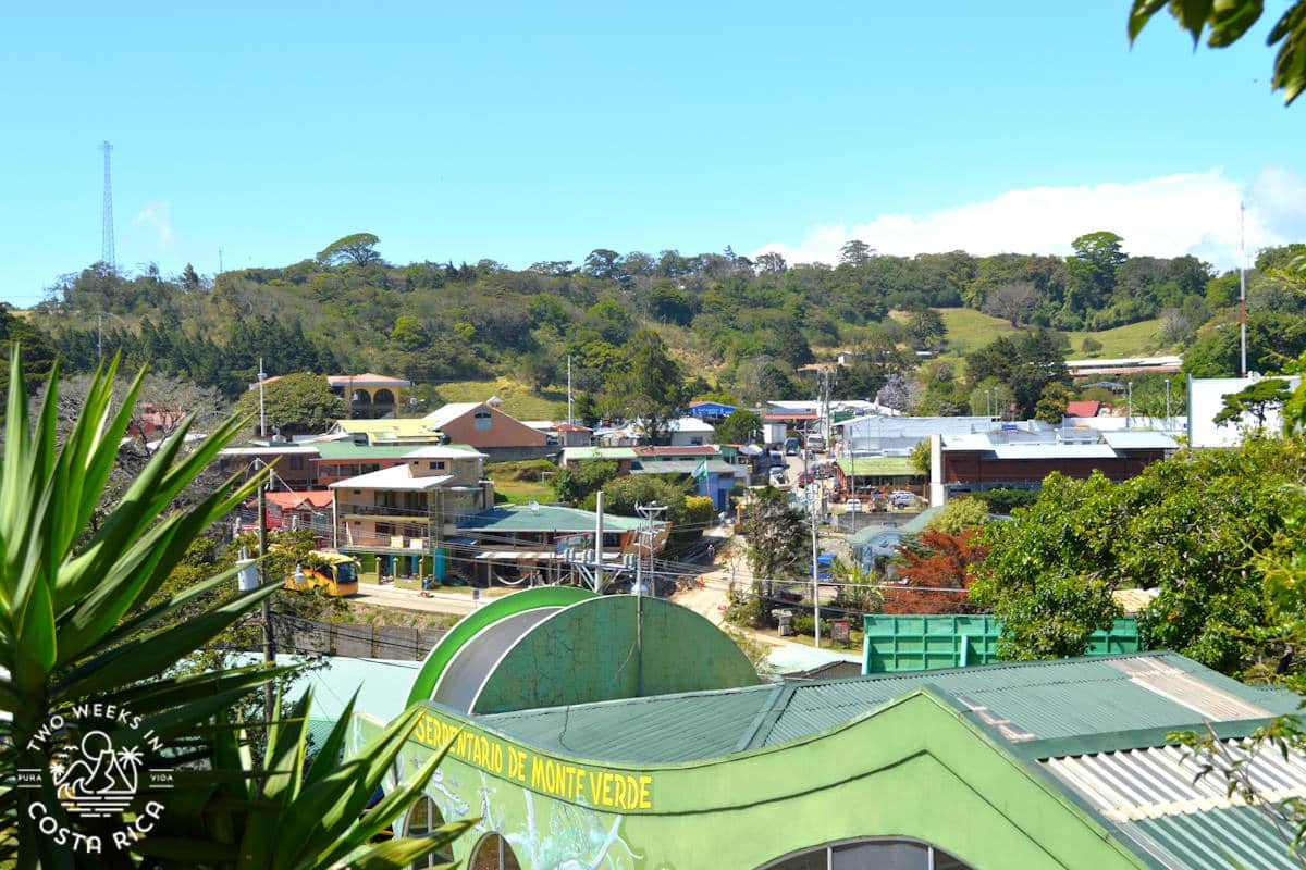 looking from above at downtown Santa Elena's many small buildings