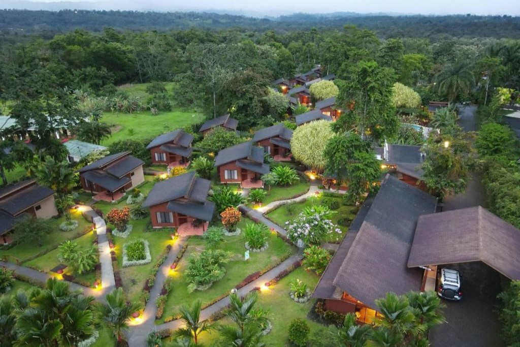 aerial view of hotel grounds showing villas and pathways