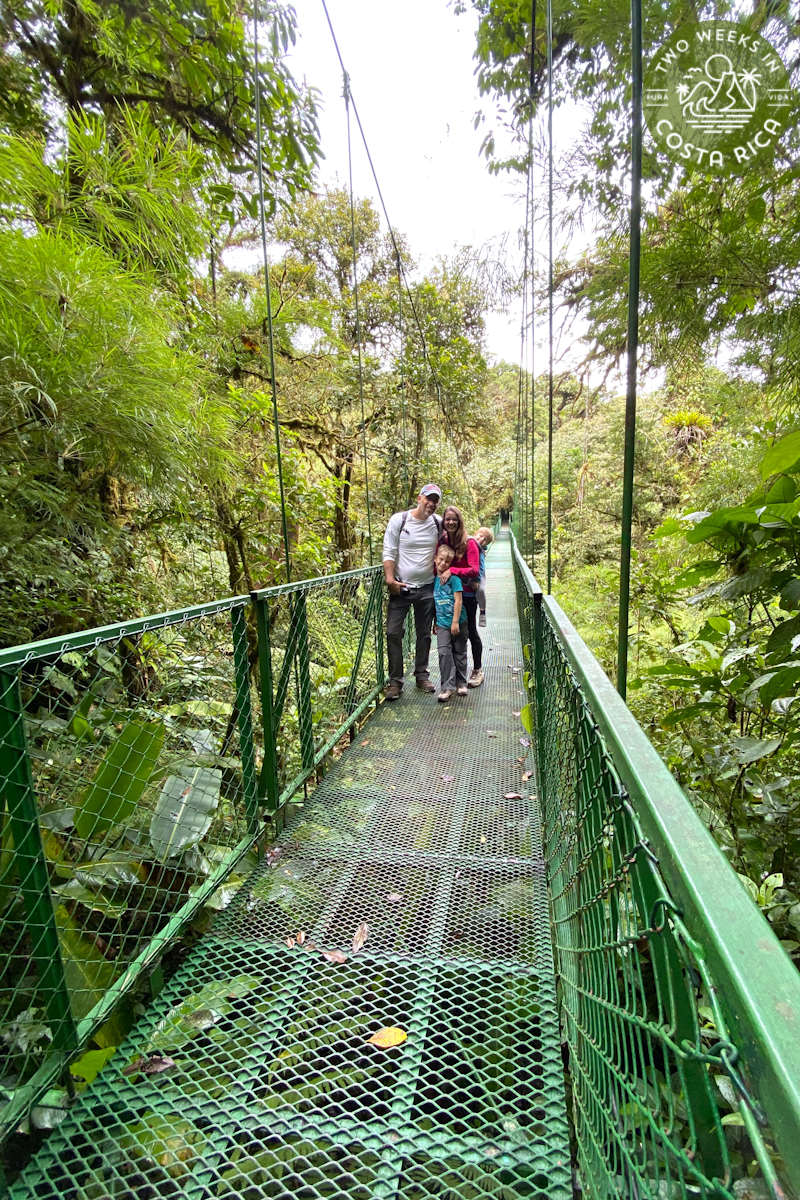 a family standing on a hanging bridge at Selvatura Park