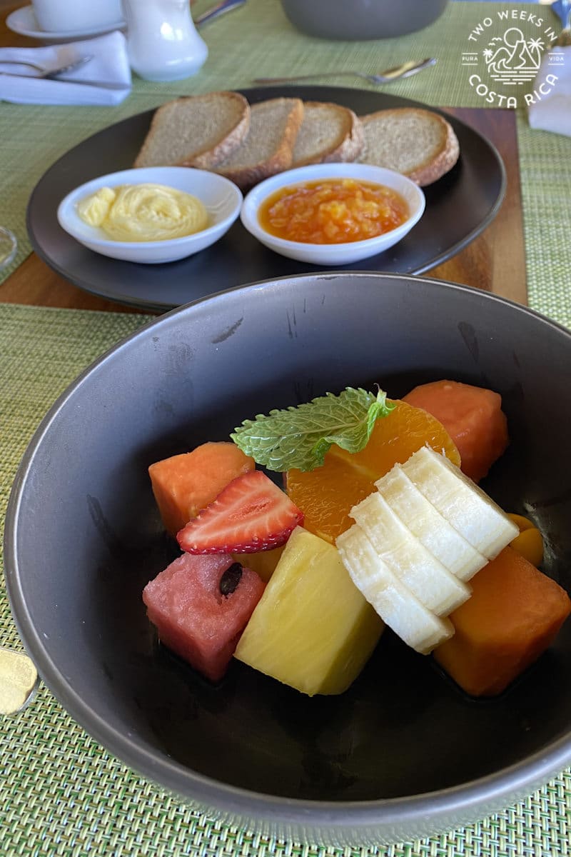 a bowl of tropical fruit at breakfast at cloud forest lodge hotel