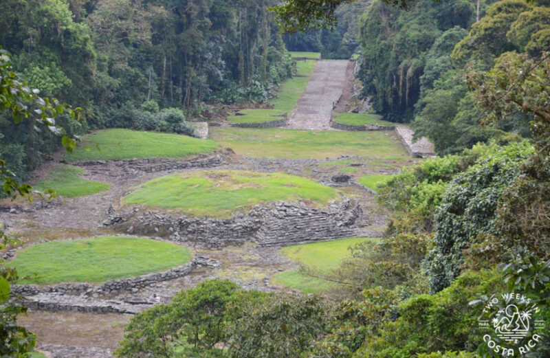 View overlooking the Guayabo Monument Archeological site in Costa Rica with stone infrastructure like roads and foundations