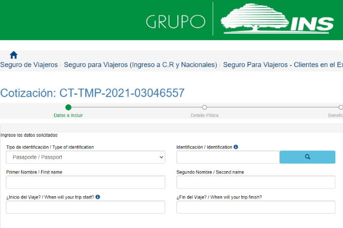 INS Travel Insurance Screenshot