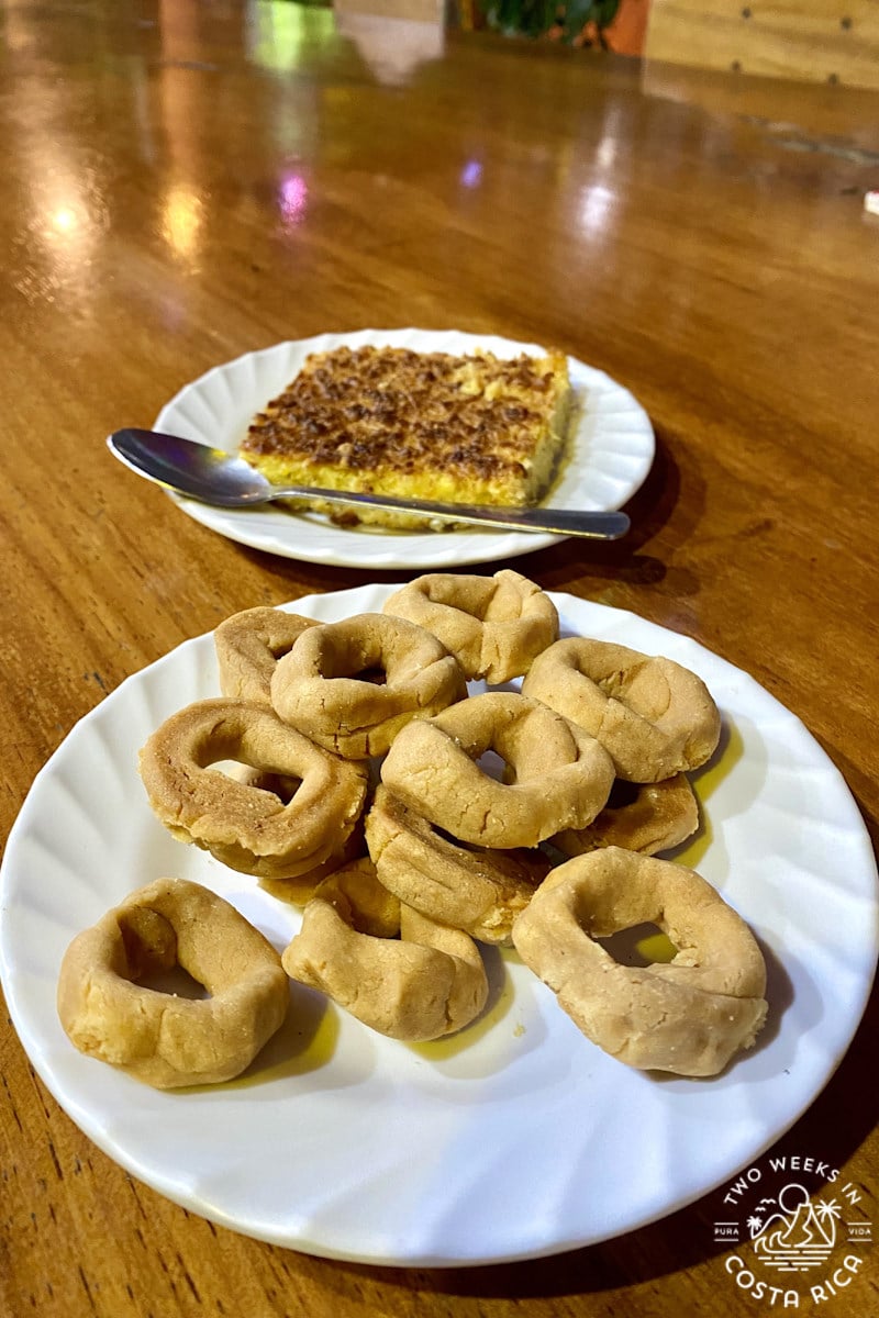 plates of food with baked corn snacks and bread