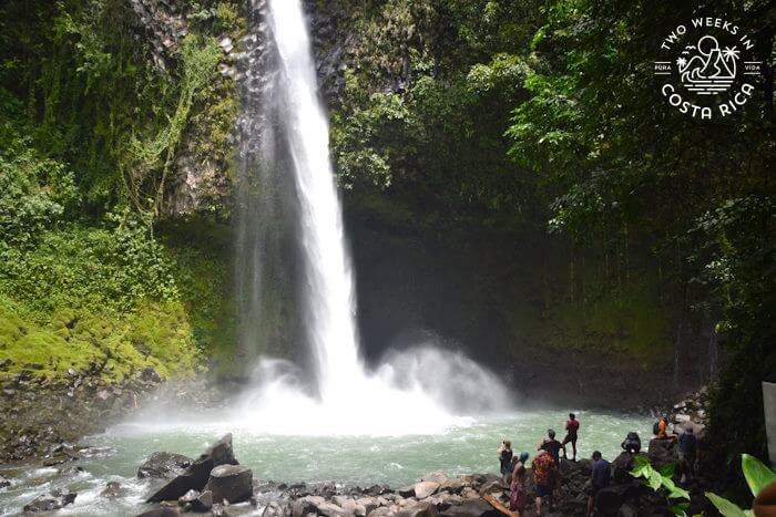 Narrow but forceful waterfall splashing into a large pool