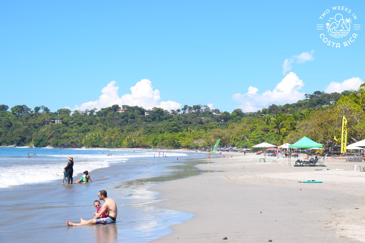 people sitting on a beach with small waves