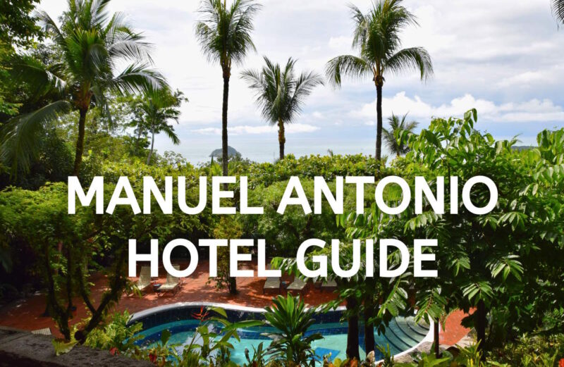 pool with palm trees and text overlay that reads manuel antonio hotel guide