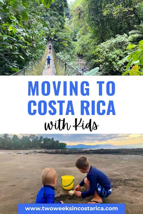 kids playing on sand and hanging bridge with text overlay that reads moving to costa rica with kids
