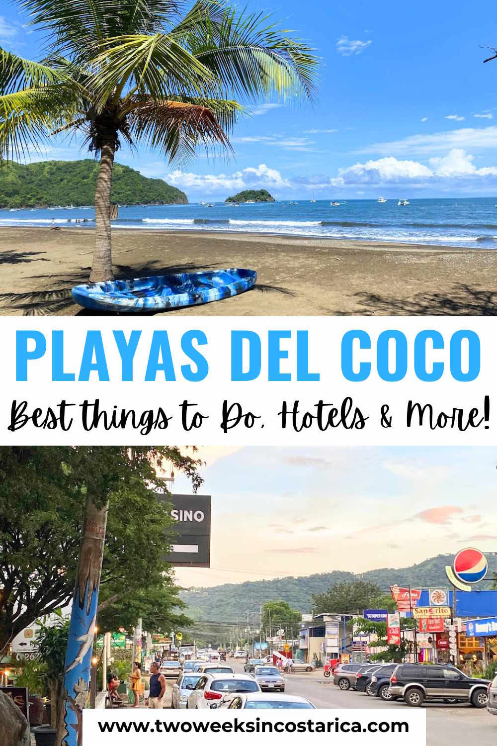 palm tree on beach with text overlay that reads playas del coco