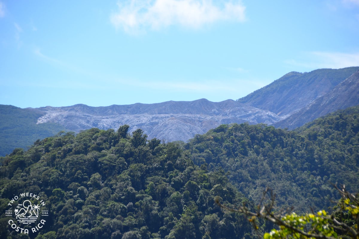 an ashy volcano with trees in the foreground