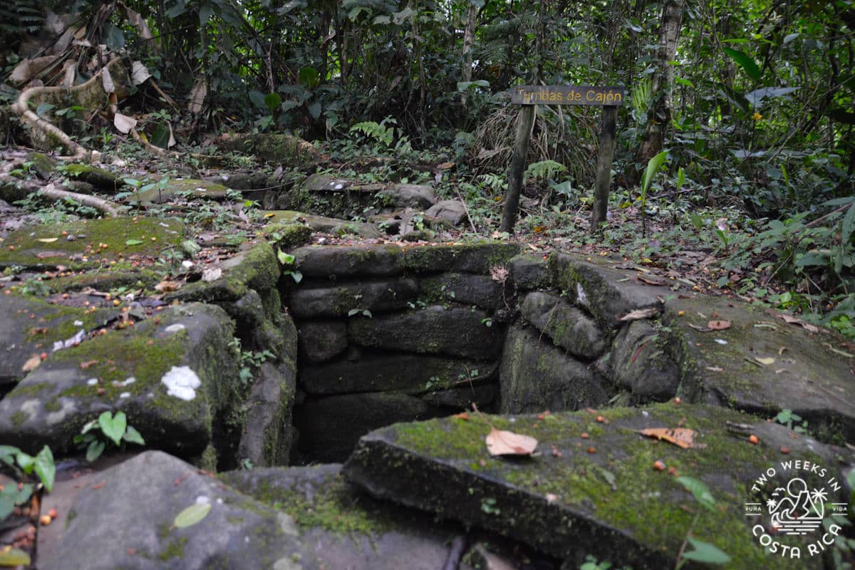 Mossy stone remnants from a tomb unearthed at Guayabo National Monument