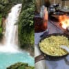 photo collage of a waterfall and food cooking