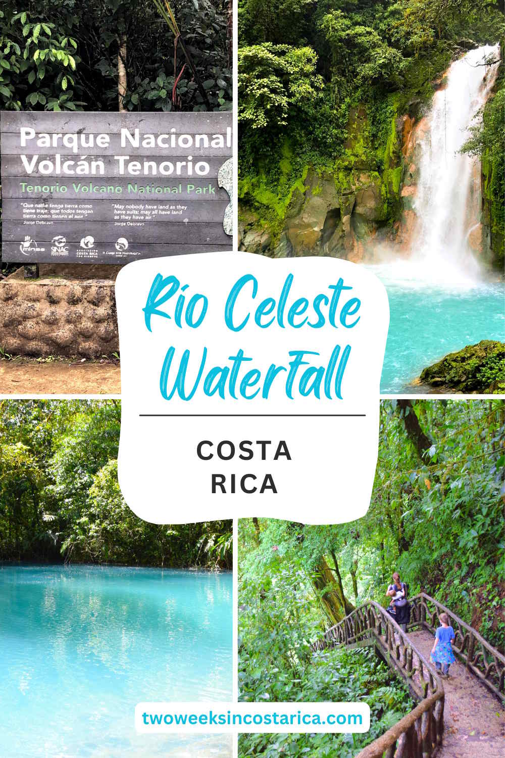 photo collage with text that reads rio celeste waterfall costa rica