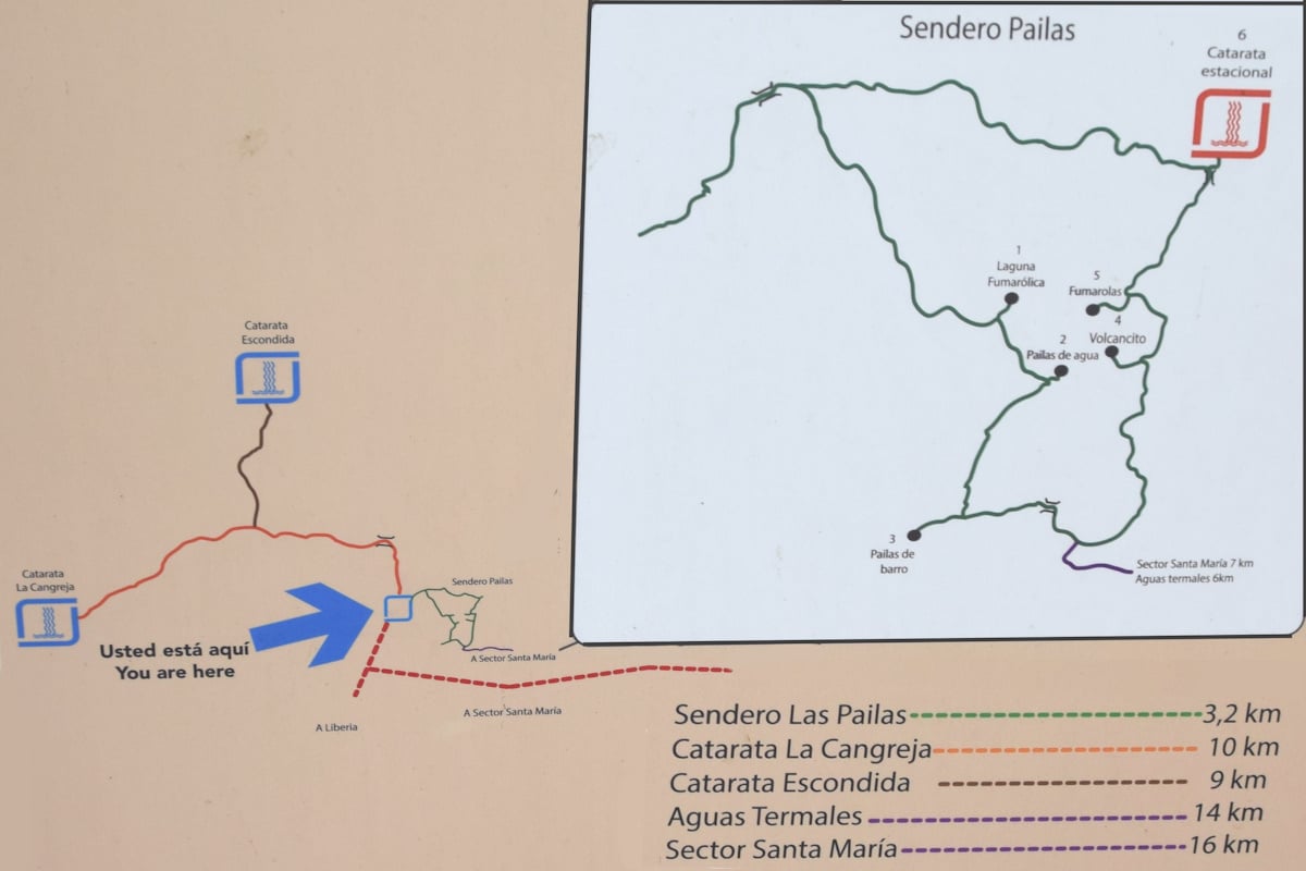trail map with the words Sendero Pailas