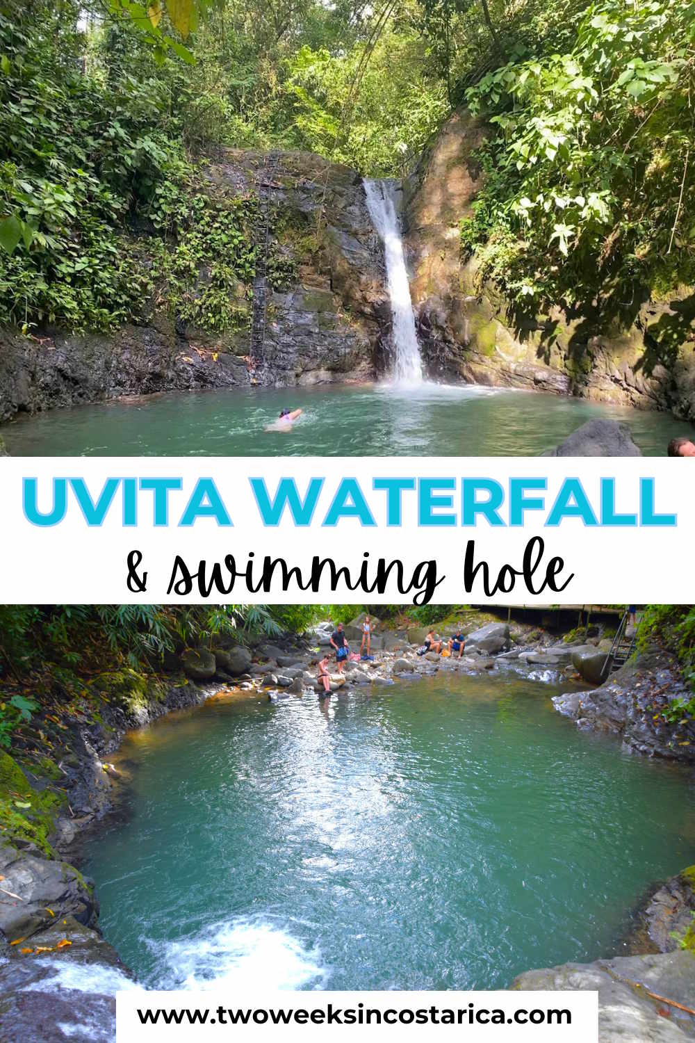 waterfall with a green pool and text overlay that reads uvita waterfall and swimming hole