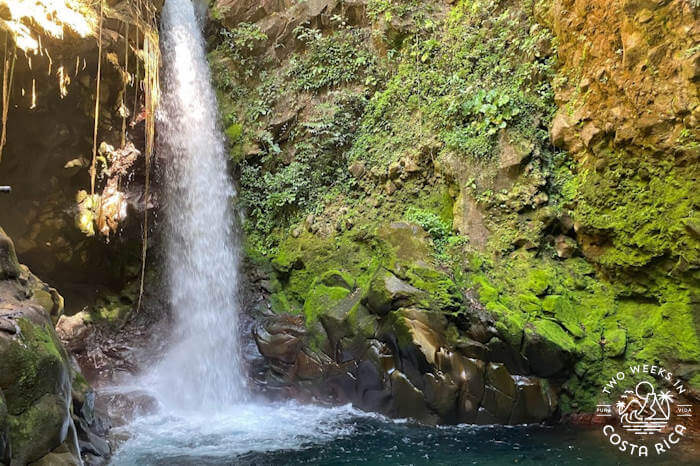 Thin waterfall next to mossy rocks