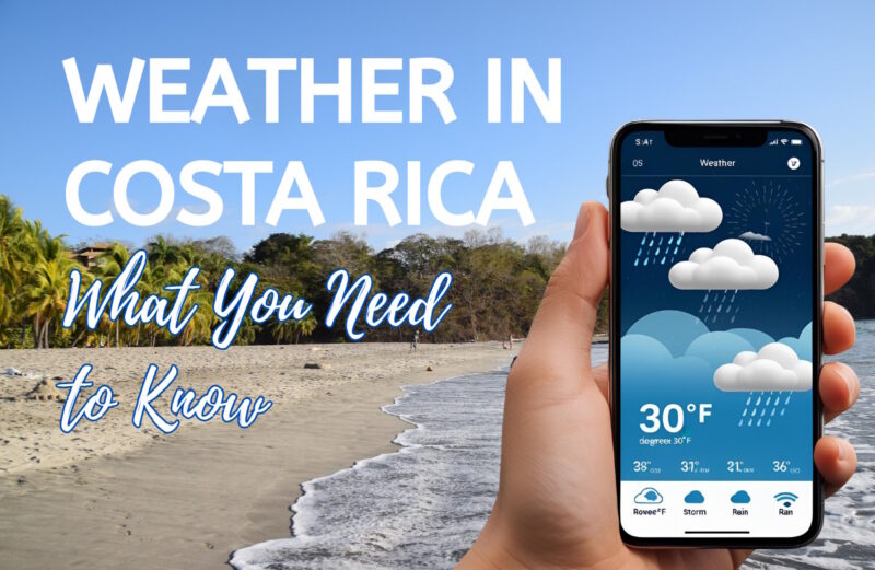 a person at a sunny beach holding a cell phone showing rain in the forecast with text overlay that reads weather in costa rica