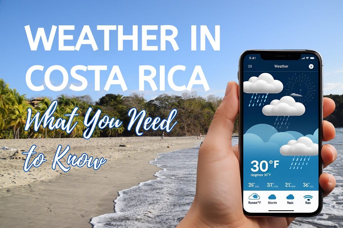 a person at a sunny beach holding a cell phone showing rain in the forecast with text overlay that reads weather in costa rica
