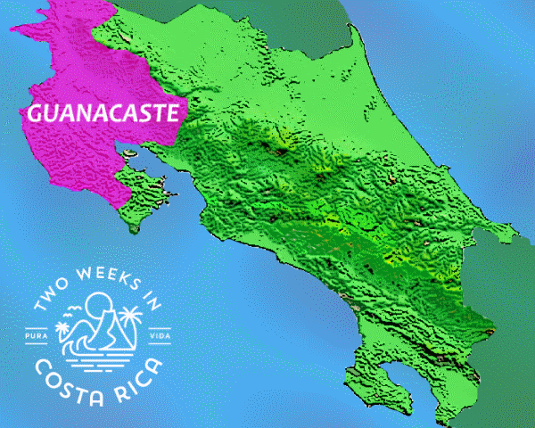 A map of Costa Rica with the Guanacaste Region highlighted in pink